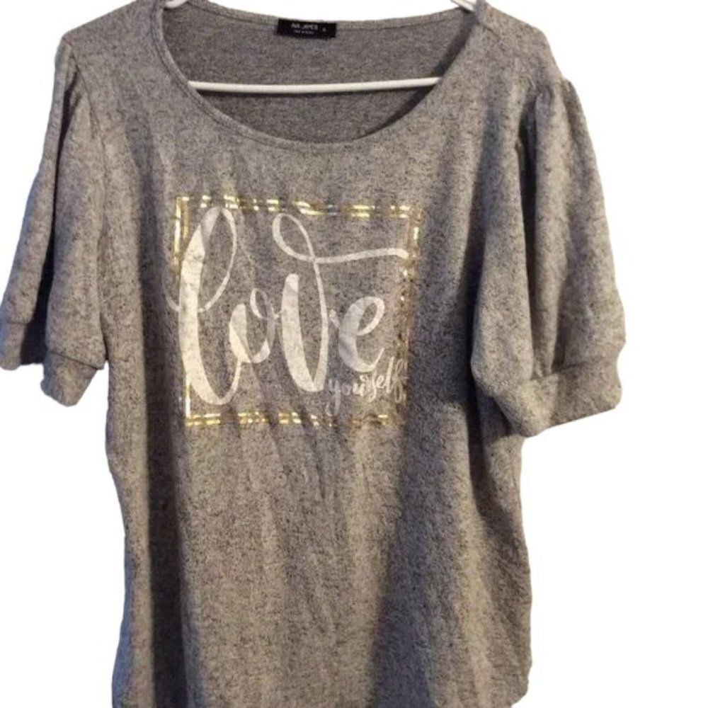 Adorable Love Yourself puff sleeve very soft shirt top size XL grey stretch